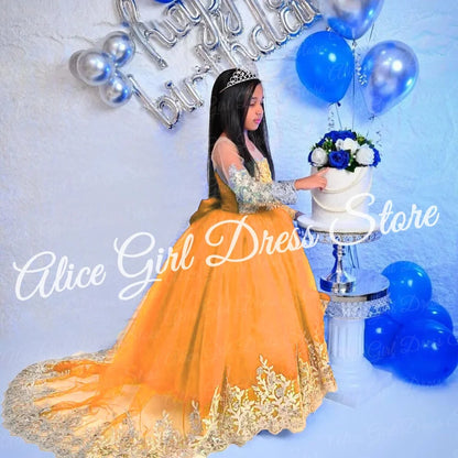 Customized Royal Blue Princess Flower Girl Dress for Wedding Lace Appliques Full Sleeve Baby Birthday Dress First Communion Gown