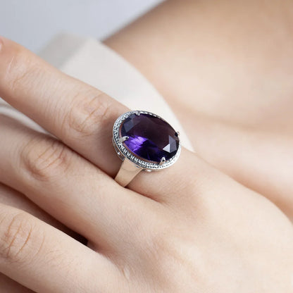 Women's S925 Silver Amethyst Ring - Exaggerated Egg Shaped Design