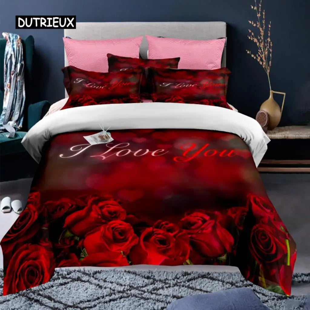 Valentine's Day Duvet Cover Set Red Rose I Love You Pattern King Size Couple Polyester Bedding Set Happy Romantic Quilt Cover
