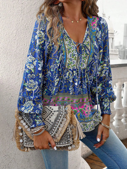 2024 Summer Fashion New Women's Elegant Casual Printed V-neck Shirt with Bubble Sleeves and Loose Commuting Style Top - AMULET RING STORE