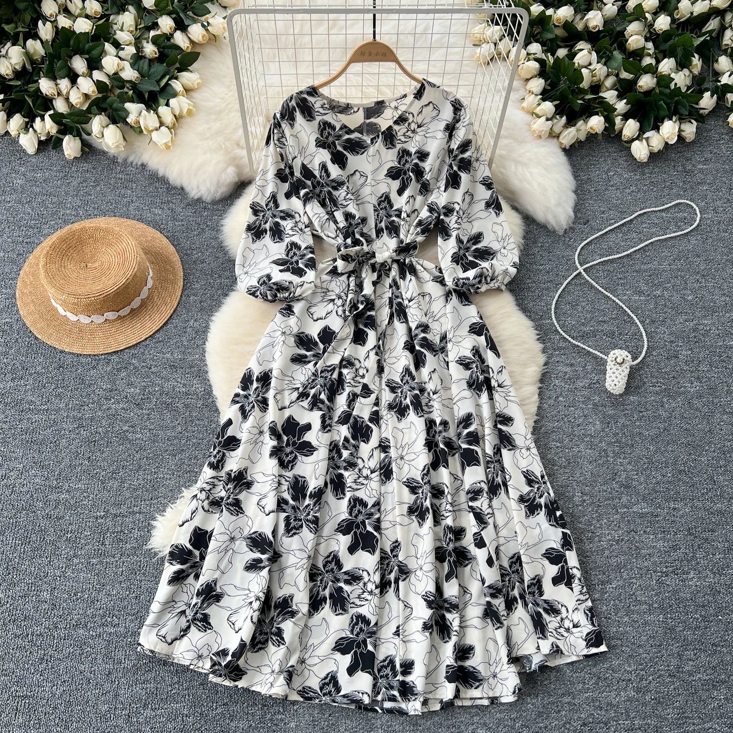Elegant Boho Floral Print Floral Pleated Maxi Long Dress Female V Neck Puff Sleeve Belt Dresses Women Summer Dress Robe