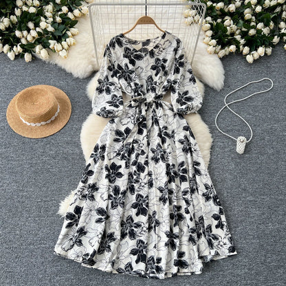 Elegant Boho Floral Print Floral Pleated Maxi Long Dress Female V Neck Puff Sleeve Belt Dresses Women Summer Dress Robe
