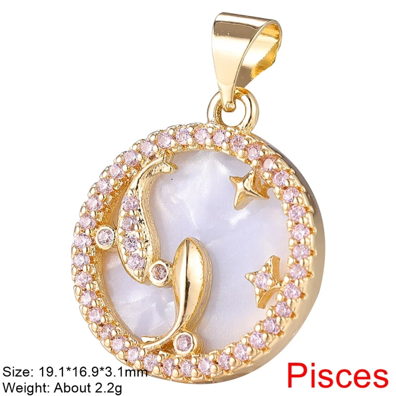 Juya DIY Imitation Pearl Shell 18K Gold Plated 12 Zodiac Charms For Handmade Fashion Birthstone Season Pendants Jewelry Making