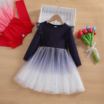 2025 New Red Princess Dress Baby Girls Dress Spring Kids Clothes Dress Party Long-sleeved For Children Dress Rainbow 3-10T