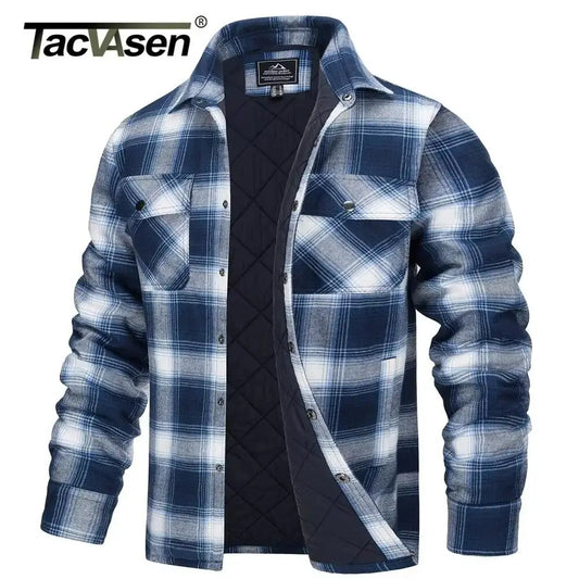 TACVASEN Winter Plaid Cotton Jackets Mens Long Sleeve Quilted Lined Flannel Shirt Jacket Multi-Pockets Outwear Hiking Coats Tops