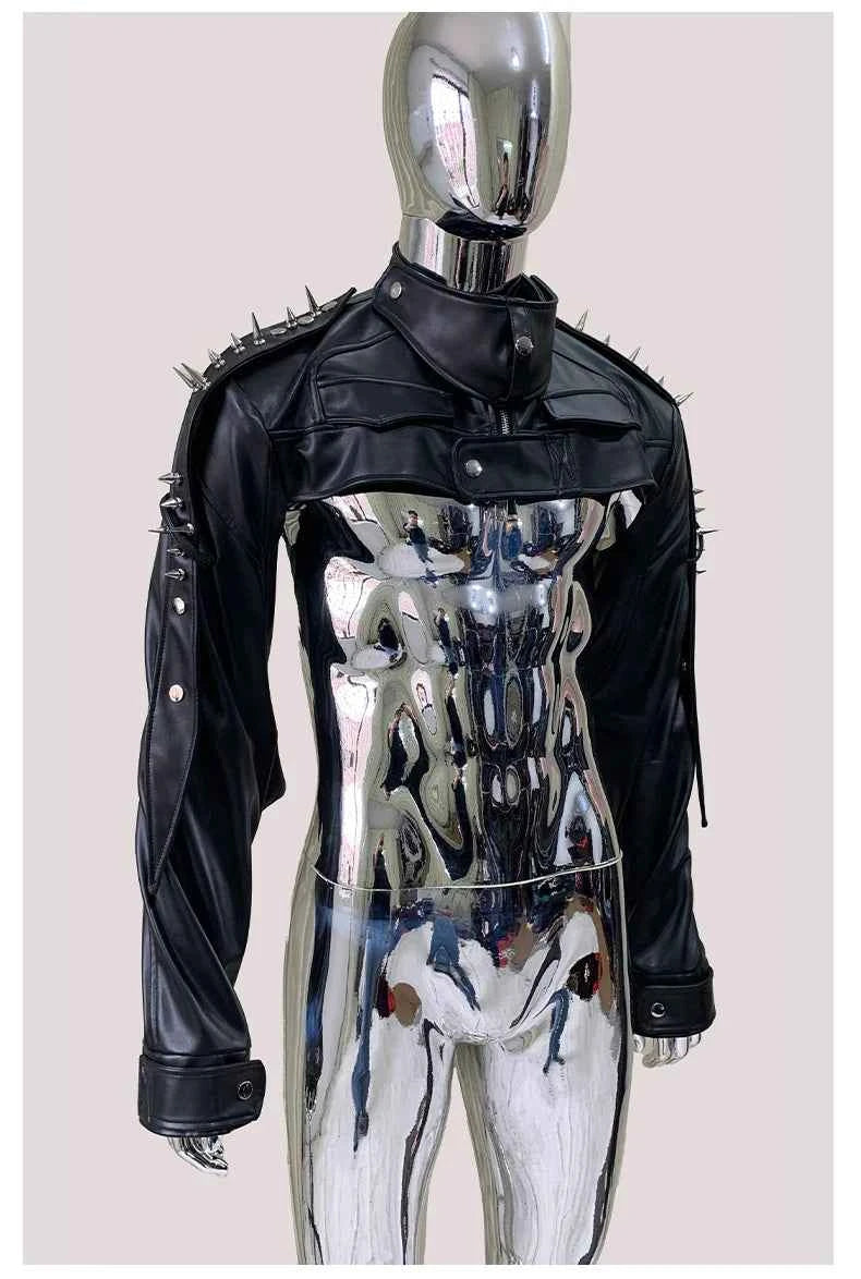 Mauroicardi Spring Autumn Cool Black Cropped Faux Leather Jacket Men Rivet Long Sleeve Zip Up Luxury Punk Style Emo Clothes 2025