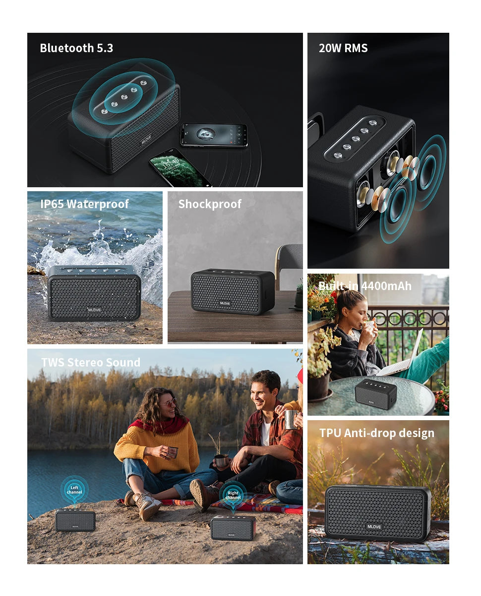 Mlove A100 Portable Bluetooth Speaker Wireless Bluetooth 5.3 Stereo Sound 24-Hour Playtime Rich Bass IPX5 Waterproof - AMULET RING STORE