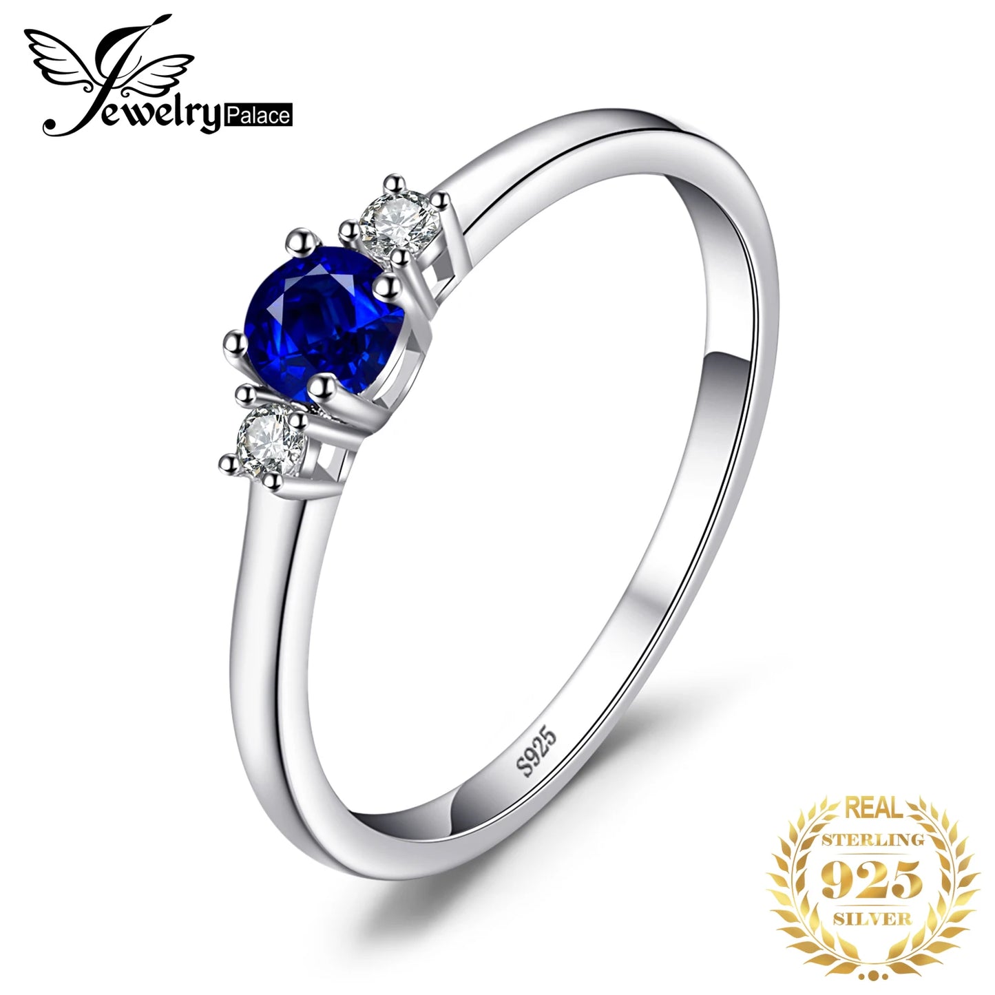 JewelryPalace Created Blue Sapphire 925 Sterling Silver 3 Stones Promise Ring for Women Fashion Gemstone Jewelry Wedding Gift