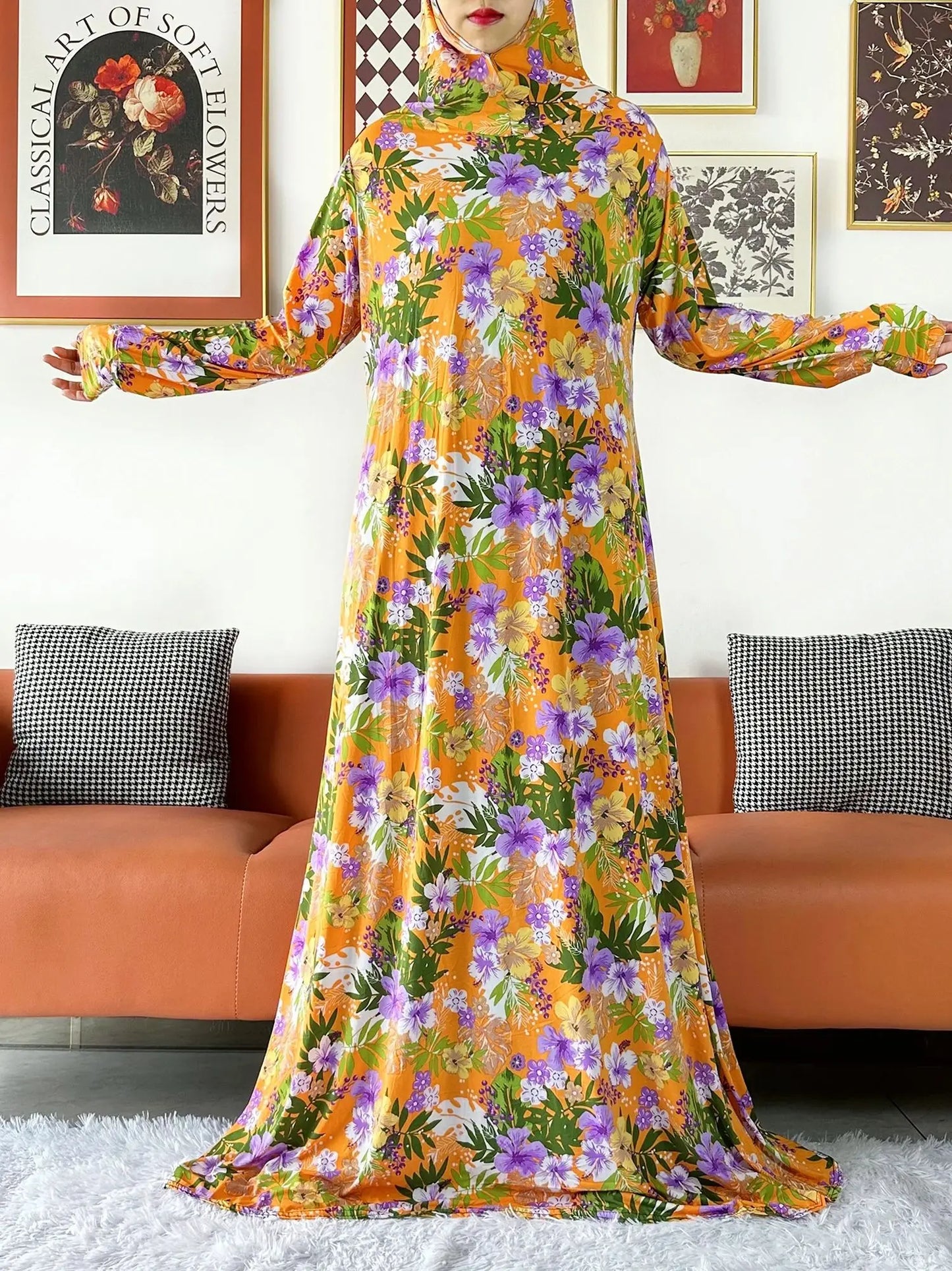 2025 Floral Ramadan Muslim Dress Solid Color Khimar Kaftan Abaya Robe with Attached Hijab Middle East Prayer Garment for Women - AMULET RING STORE