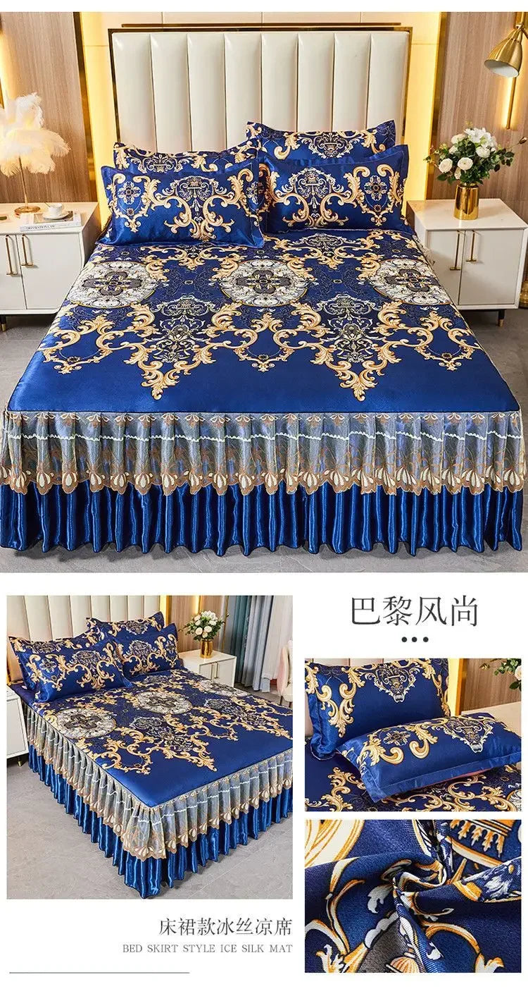 3Pcs/Lot Double Bed Sheet Set Classic Lace Royal Blue Bed Sheet Bed Skirt