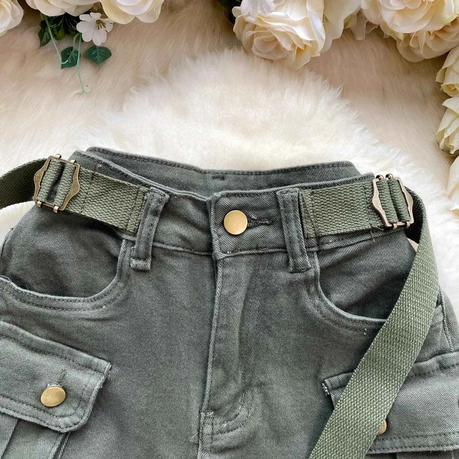 Women's Summer High Waisted Stretchy Denim Shorts Korean Cargo Style Slim Fit Ultra Short Hot Pants with Large Pockets for Dance