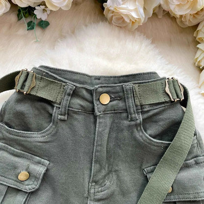 Women's Summer High Waisted Stretchy Denim Shorts Korean Cargo Style Slim Fit Ultra Short Hot Pants with Large Pockets for Dance