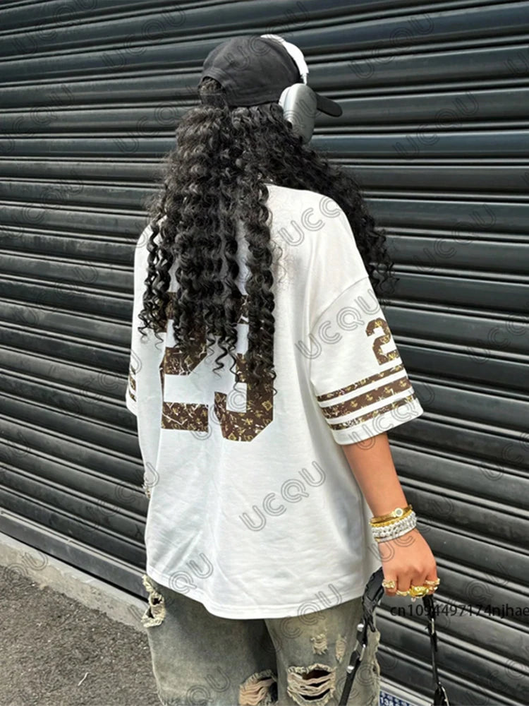 Oversized T-shirt Clothes For Women V-Neck Summer Short Sleeve Patchwork New York 23 Print Sports Tees Football Jersey Y2k Tops - AMULET RING STORE