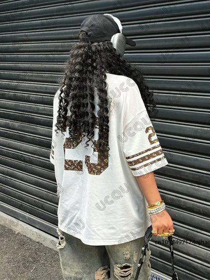 Oversized T-shirt Clothes For Women V-Neck Summer Short Sleeve Patchwork New York 23 Print Sports Tees Football Jersey Y2k Tops - AMULET RING STORE