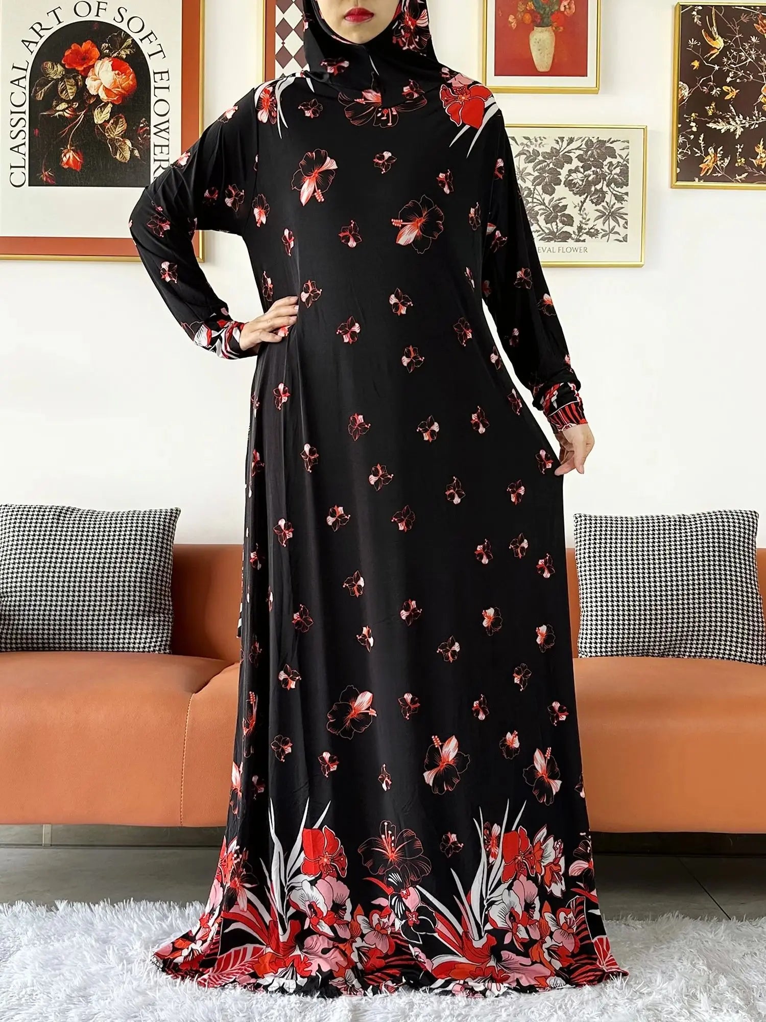 2025 Floral Ramadan Muslim Dress Solid Color Khimar Kaftan Abaya Robe with Attached Hijab Middle East Prayer Garment for Women - AMULET RING STORE