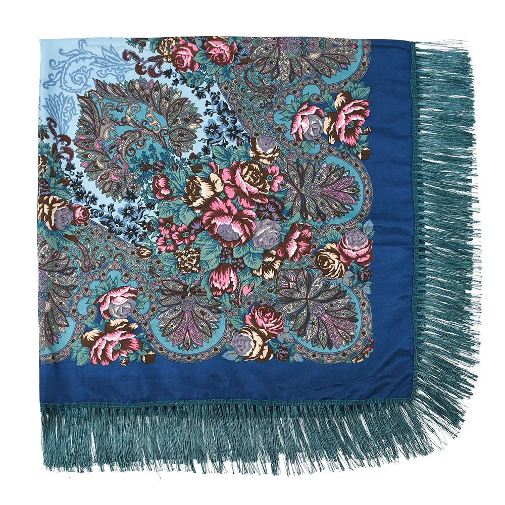 Russian Scarf Head Wrap for Women Luxury Ukrainian Manila Shawls Folk Cotton 160cm National Shawl Floral Print Travel Bandana - AMULET RING STORE