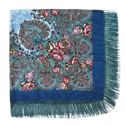 Russian Scarf Head Wrap for Women Luxury Ukrainian Manila Shawls Folk Cotton 160cm National Shawl Floral Print Travel Bandana - AMULET RING STORE