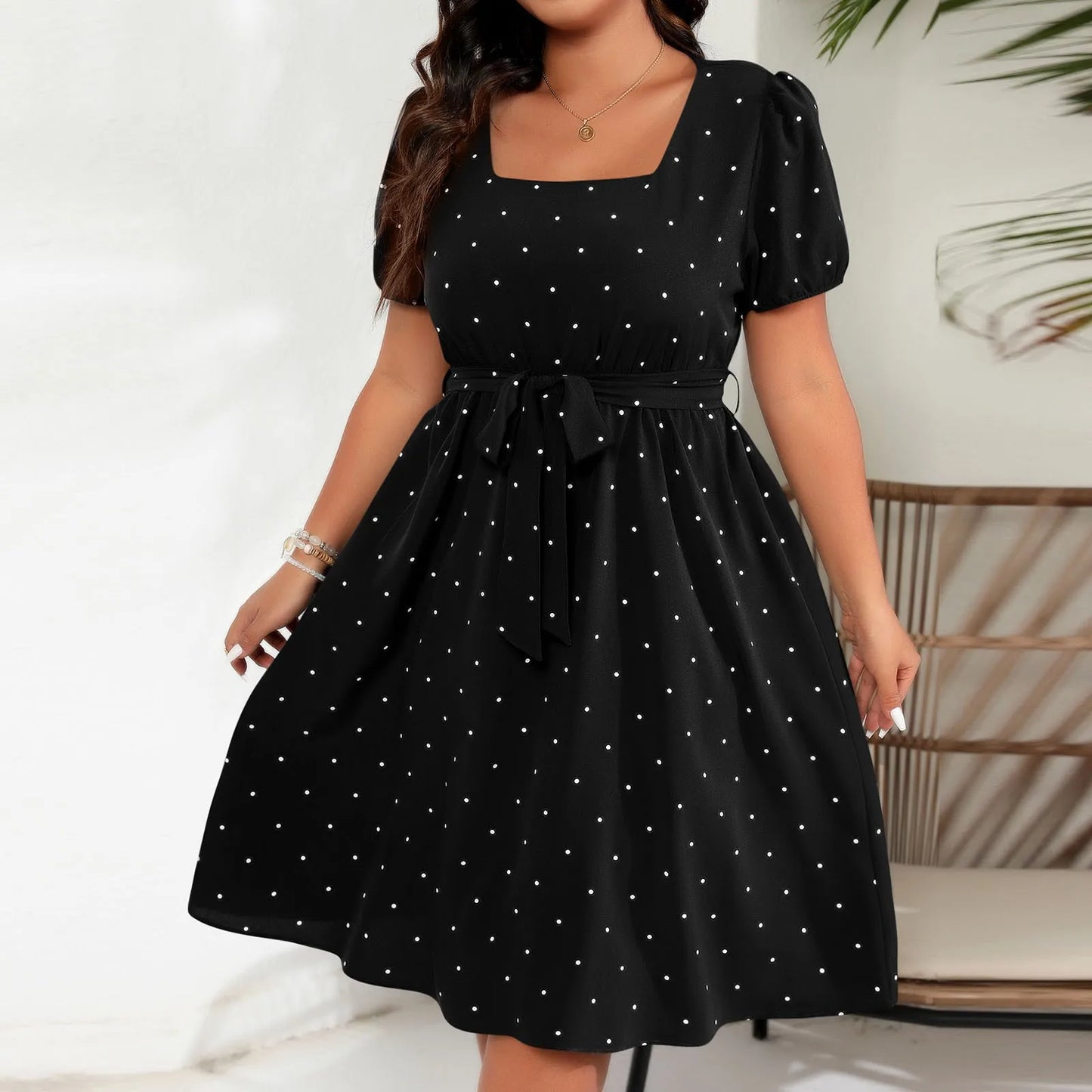 Plus Size Ladies Elegant Retro Polka Dot Waist Tie Square Neck Dress Classic Fashion Summer Short Sleeve Vacation A-line Skirt