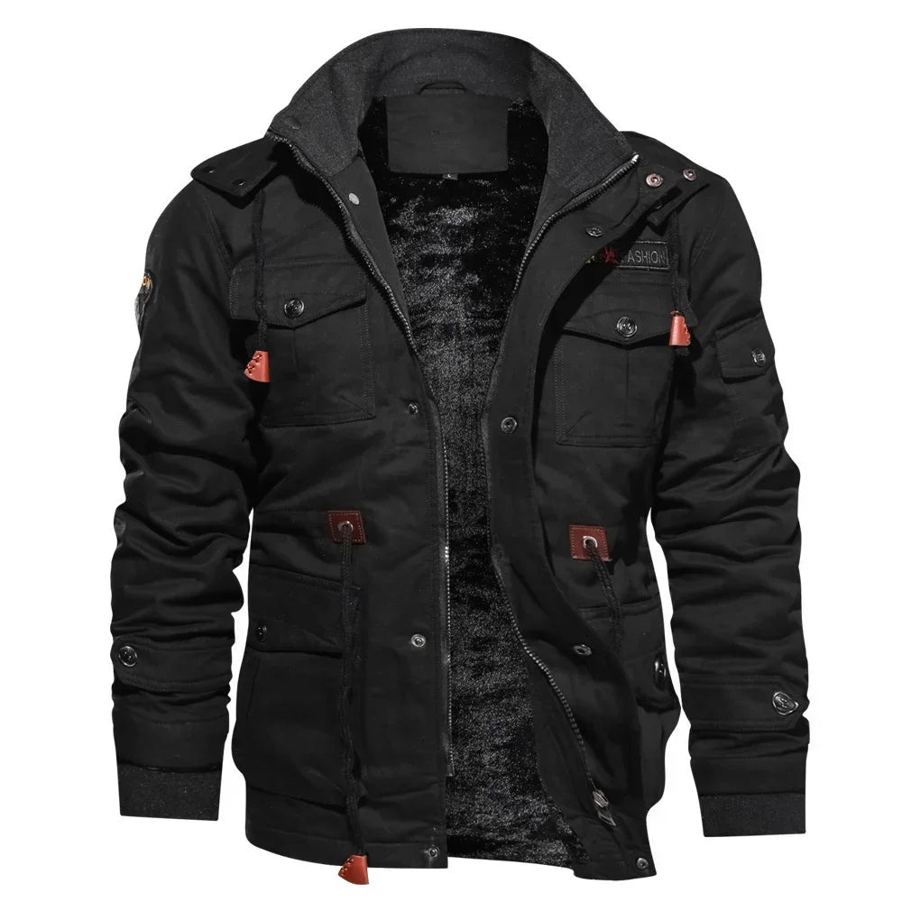 Men's Hooded Winter Jackets Plush Thickened Coat Autumn Large Tactical Cotton Medium And Long Work Clothes Bomber Tactical Coats