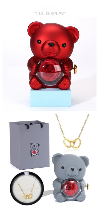 Eternal Rose Teddy Bear Jewelry Box with Custom Name Necklace Valentine Wedding Special Present for Girlfriend Anniversary gift - AMULET RING STORE