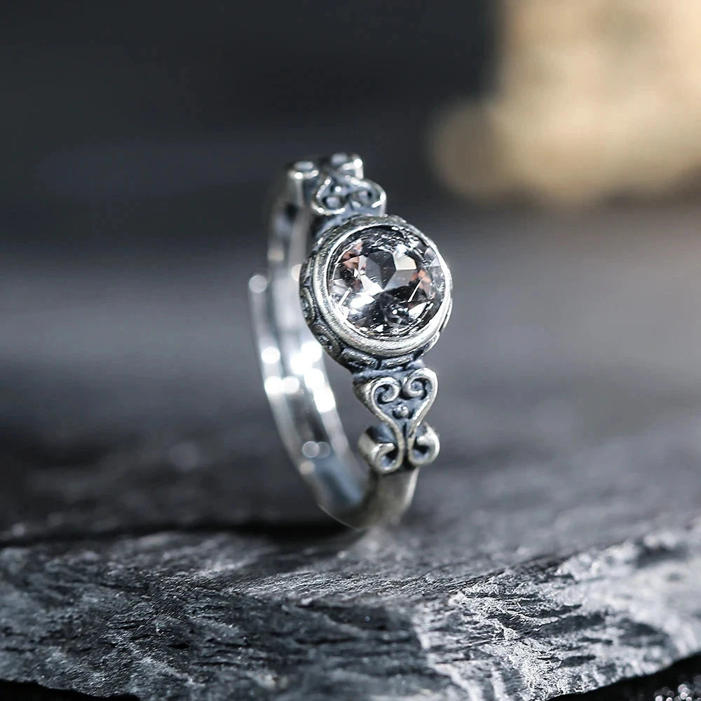 Vintage S925 sterling silver ring paired with natural white crystal, Bohemian style ring, birthday gift jewelry, adjustable size - AMULET RING STORE