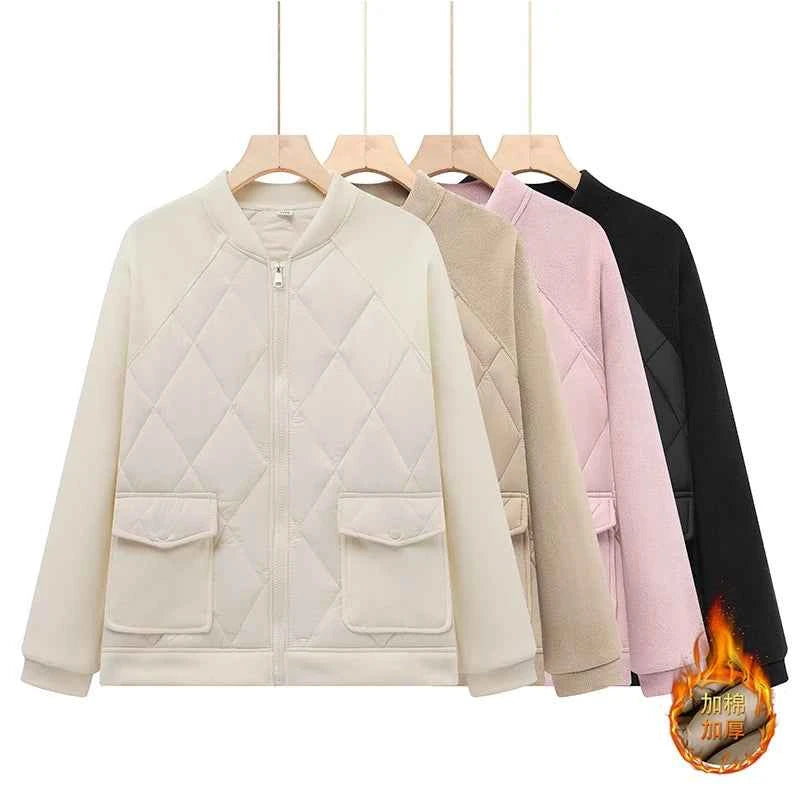 Women Padded Jacket round neck Long Sleeves patchwork coat Winter Warm Top Outerwear