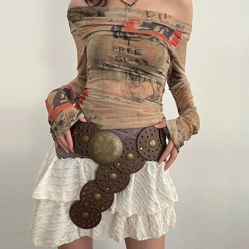 Spice Girl Y2K Harajuku Style Vintage Rivet Patchwork Design Wide Belts For Women High Street Faux Leather Waistband cinturones - AMULET RING STORE