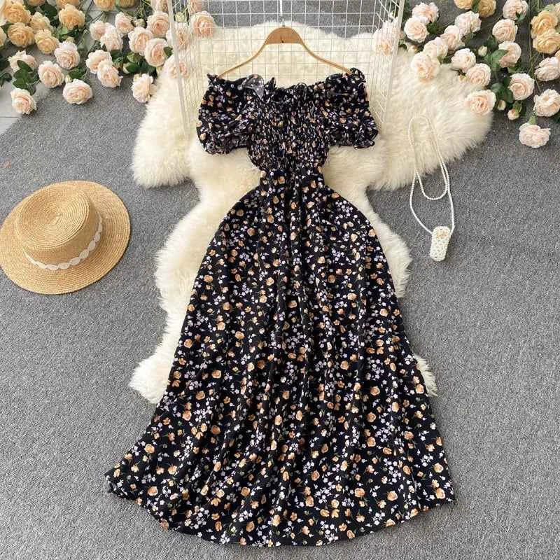 YuooMuoo Romantic Floral Print Long Dress 2024 New Summer Off Shoulders Puff Sleeve Big Swing Women Dress Korean Party Vestidos