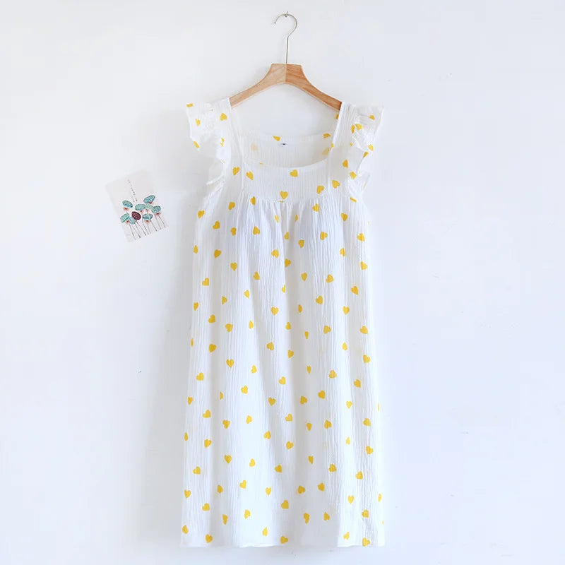 2025 Summer Women's New Sleeping Skirt 100% Cotton Crepe Wood Ear Edge Tank Top Skirt Love Belt Chest Cushion Home Dress Ladies