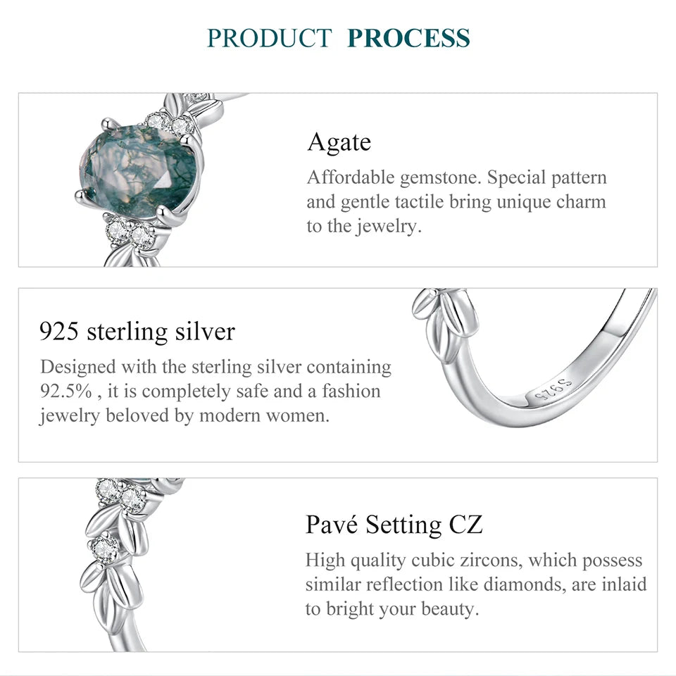 WOSTU Natural Moss Agate Ring For Women  925 Sterling Silver Oval Cut Sea Grass Agate Flower Rings Wedding Party Jewelry Gift