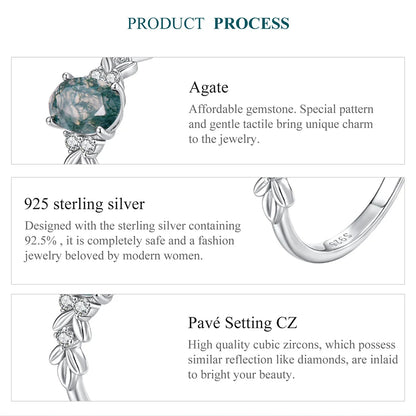 WOSTU Natural Moss Agate Ring For Women  925 Sterling Silver Oval Cut Sea Grass Agate Flower Rings Wedding Party Jewelry Gift