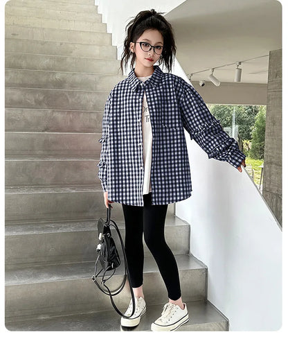2025 Spring Girls Plaid Shirt Comfort Fashion Teen Kids Tops Clothes Casual All-match Long Sleeve Children Blouse 10 12 13 Years