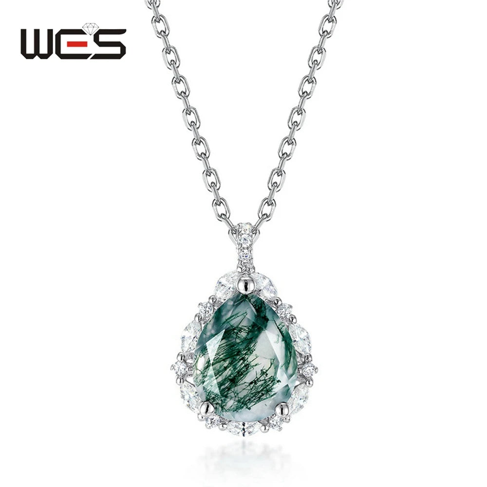 WES 100% 925 Silver Natural Unique Moss Agate Pendant Necklace for Woman Forest Jewelry Engagement Gift Boho Style Wholesale - AMULET RING STORE