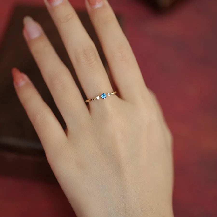 925 Sterling Silver Plated 14K Gold Blue Zircon Ring for Women  Japanese Light Luxury Party Jewelry Accessories