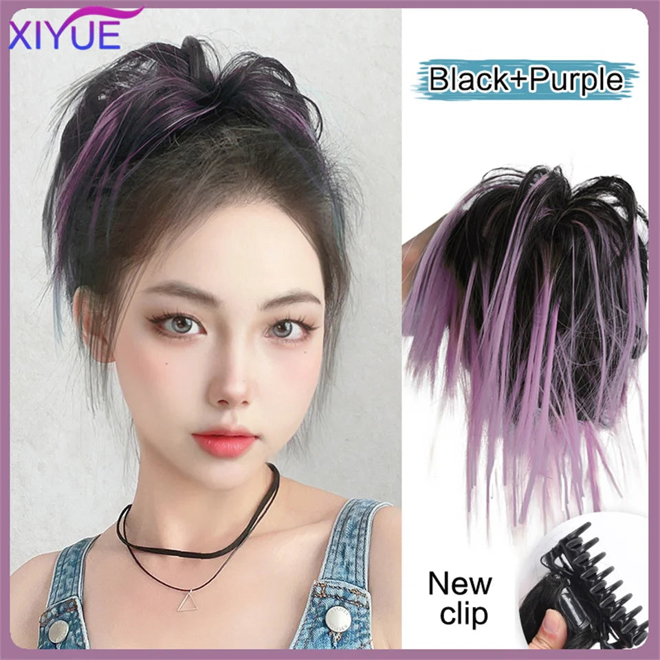 XIYUE Synthetic Messy Hair Bun Tousled Hairpiece Elastic Band Chignon Curly Scrunchie Updo Cover Hair Tail for Women Pink - AMULET RING STORE