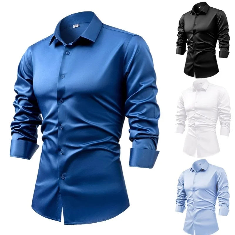 Anti-Wrinkle Men Shirts Long Sleeve Dress Shirts For Men Slim Fit Camisa Social Business Blouse White Blue Office Shirt S-5XL