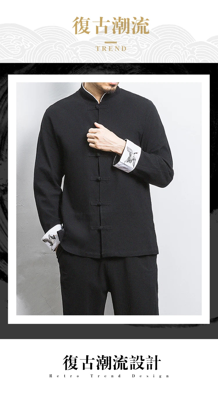New Crane Embroidery Top Traditional Chinese Clothing for Men Vintage Half Sleeve Linen Shirts Solid Madarin Collar Hanfu Kungfu