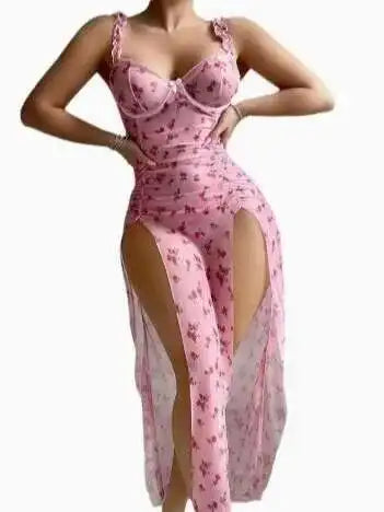 Pajamas Women's Night Dress Suspenders Rose Print Split Fork Nightgowns Slim Fit Home Wear Mesh Sleeveless Sexy Dress Sweet 5HEN - AMULET RING STORE