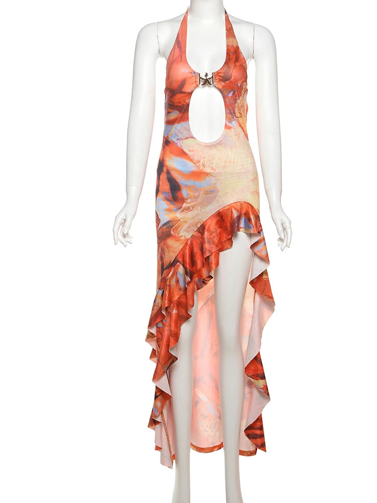 Nibber Bandage Dress Women Halter Metal Buckle Y2K Hollow Backless Summer Trend High Split Ruffles Sexy Elegant Maxi Bodycon - AMULET RING STORE