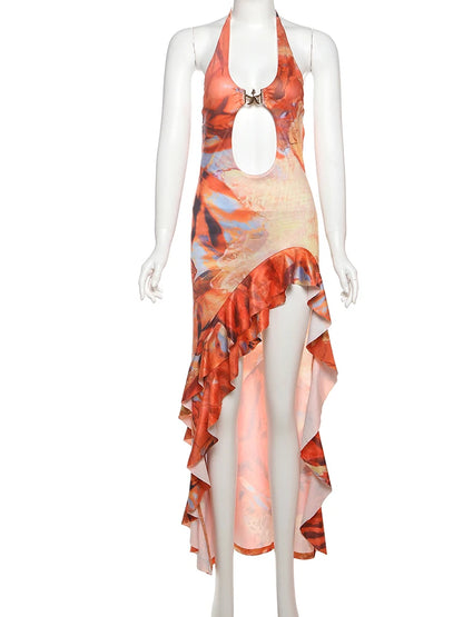 Nibber Bandage Dress Women Halter Metal Buckle Y2K Hollow Backless Summer Trend High Split Ruffles Sexy Elegant Maxi Bodycon - AMULET RING STORE