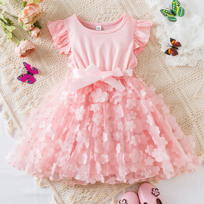 Toddler Baby Girls Clothes Elegant Floral Print Tulle Dress Summer Kids Princess Party Birthday Dress Butterfly Solid Mesh Dress