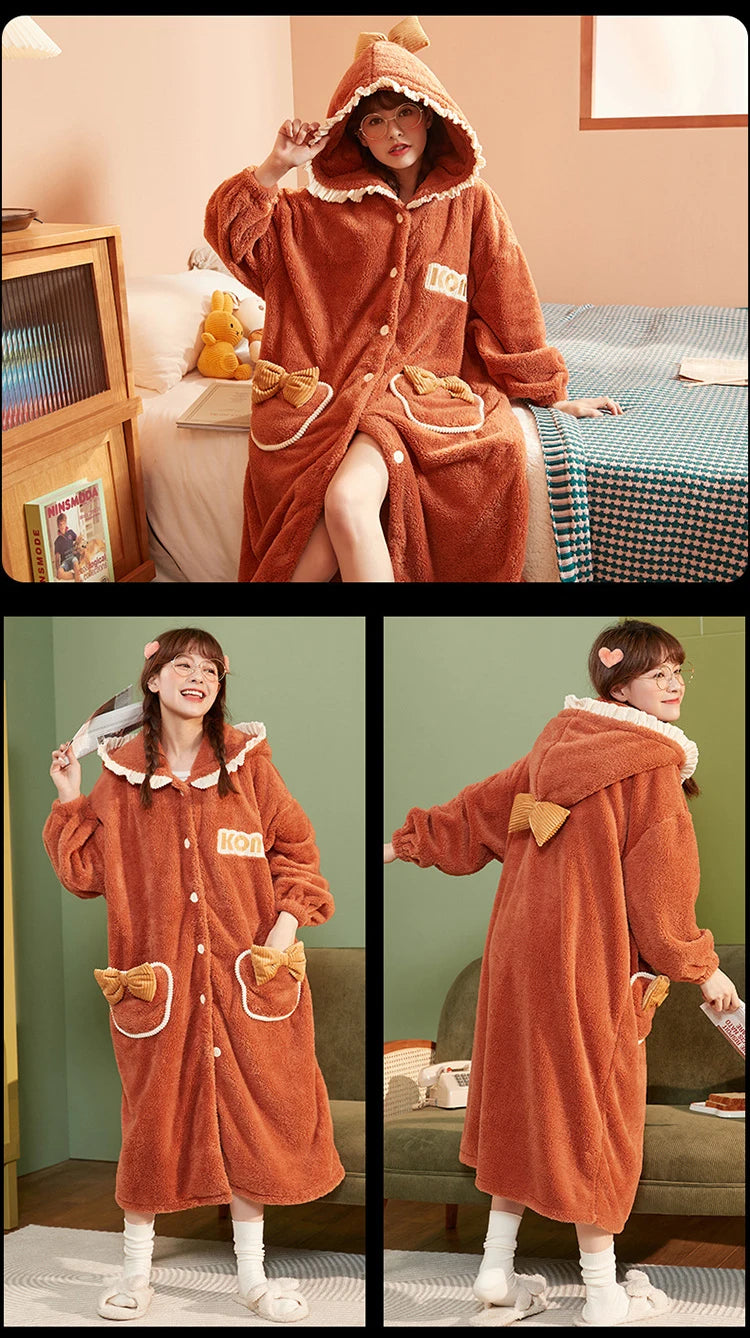 2024 Winter Pajamas For Women Cartoon Hooded Long Robe Strawberry Jacket Cute Home Wear Sleepwear Kawaii Flannel Warm Bathrobe - AMULET RING STORE