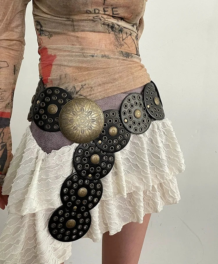 Spice Girl Y2K Harajuku Style Vintage Rivet Patchwork Design Wide Belts For Women High Street Faux Leather Waistband cinturones - AMULET RING STORE