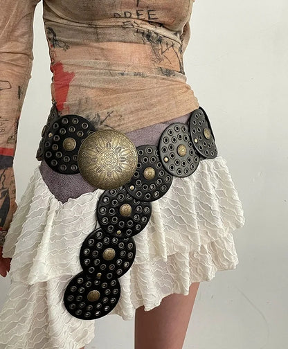 Spice Girl Y2K Harajuku Style Vintage Rivet Patchwork Design Wide Belts For Women High Street Faux Leather Waistband cinturones - AMULET RING STORE