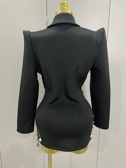 Sparkly Crystal Chains Pearls Long Sleeve Mini Dress 2025 Women Birthday Evening Party Nightclub Outfit Singer Wedding Costume - AMULET RING STORE