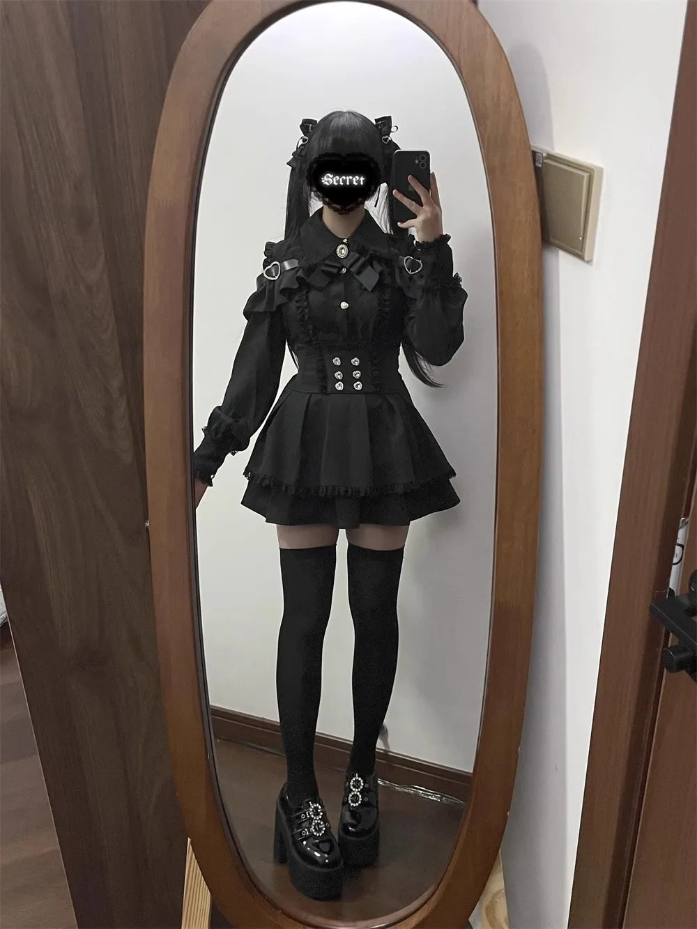 Sweet Gothic Lolita Two Piece Set, Off Shoulder Blouse + High Waist Skirt, Kawaii Tri-color Lace Coord Outfit for Women & Teens