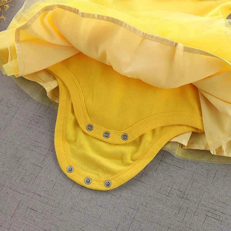 Baby Girl Birthday Outfit Set Short-sleeved Bodysuit Princess Romper Dress With Headband Yellow 3D Floral Girl Clothes 3-18M