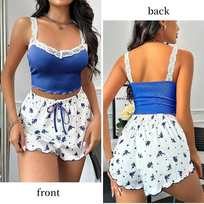 Women's Two-Piece Summer Ribbed Knitted Flower Print Lace Trimmed Camisole Vest and Bow Shorts Sexy Pajama Set - AMULET RING STORE
