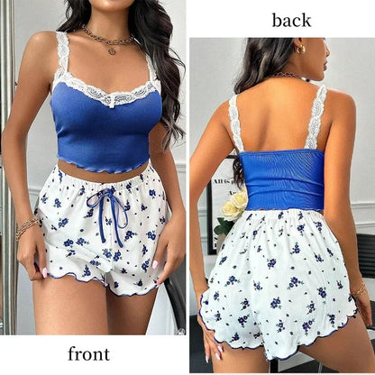 Women's Two-Piece Summer Ribbed Knitted Flower Print Lace Trimmed Camisole Vest and Bow Shorts Sexy Pajama Set - AMULET RING STORE