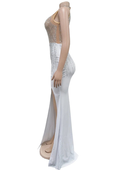 Beyprern Women's Black Mesh Bust Rhinestones Décor High Slit Maxi Dress Glam Mock Neck Crystal Party Dresses Celebrities Outfits - AMULET RING STORE